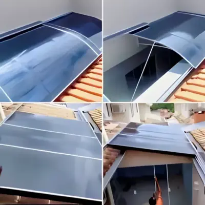 Cobertura retrátil de policarbonato instalada em um ambiente externo, permitindo a modulação de luz e proteção.